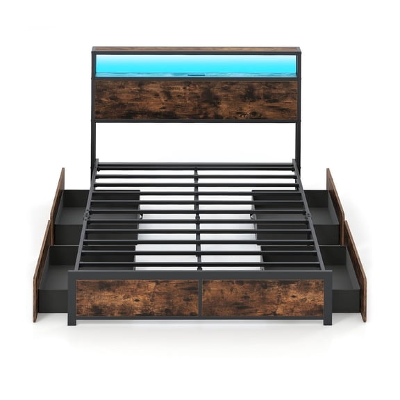 Spaco Full Size LED Bed Frame, RGB LED Lights (Music/Timer Modes), Charging Station, 4 Foldable Storage Drawers, Rustic Brown & Black