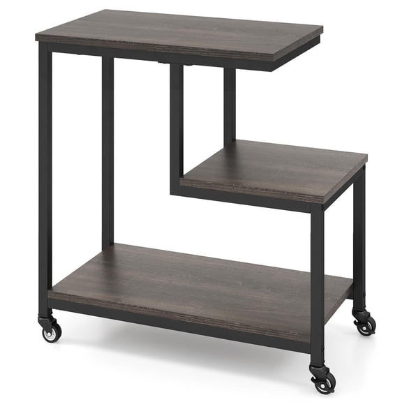 Spaco G-Shaped 3-Tier Side Table, Open Storage Shelves, 4 Universal Rolling Casters, Gray