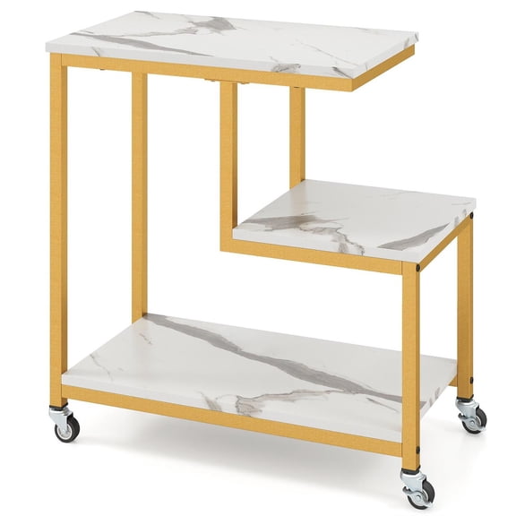 Spaco G-Shaped 3-Tier Side Table, Open Storage Shelves, 4 Universal Rolling Casters, White
