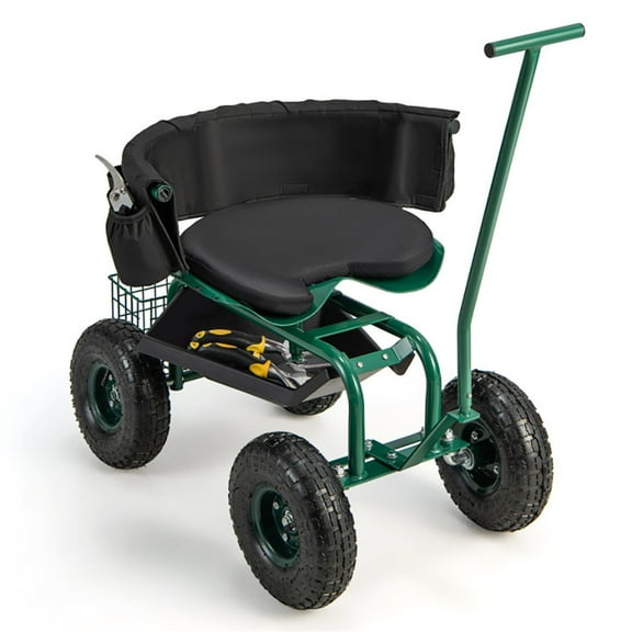 Spaco Garden Cart Rolling Workseat with Height Adjustable Swivel Seat and Storage Basket, Gardening Stool for Planting, Wagon Scooter for Patio, Yard, and Outdoors, Green