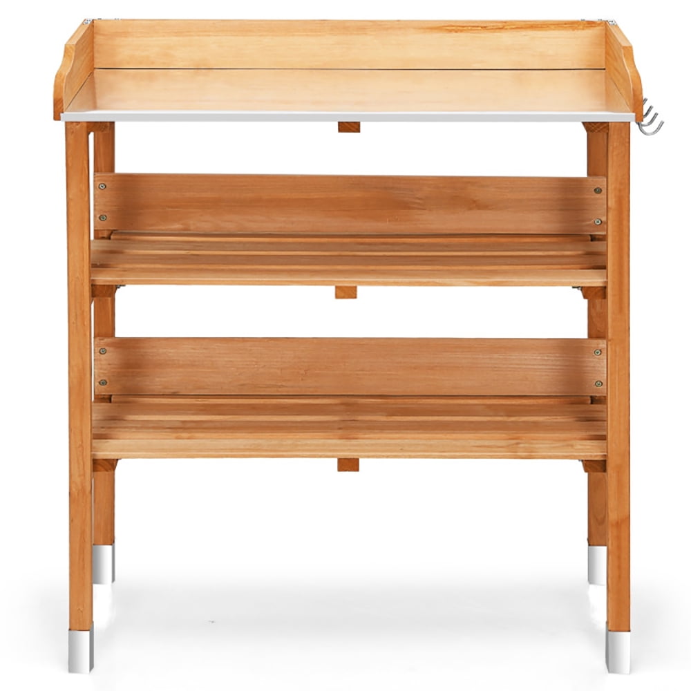 Natural Fir Wood Potting Bench with Galvanized Steel Top