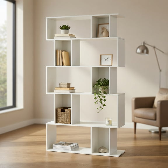 Spaco Geometry 5-Tier Bookshelf Open Shelves Closed Back Cubes Narrow Shape Anti-Tipping Storage Bookcase for Small Space Living Room Office, White