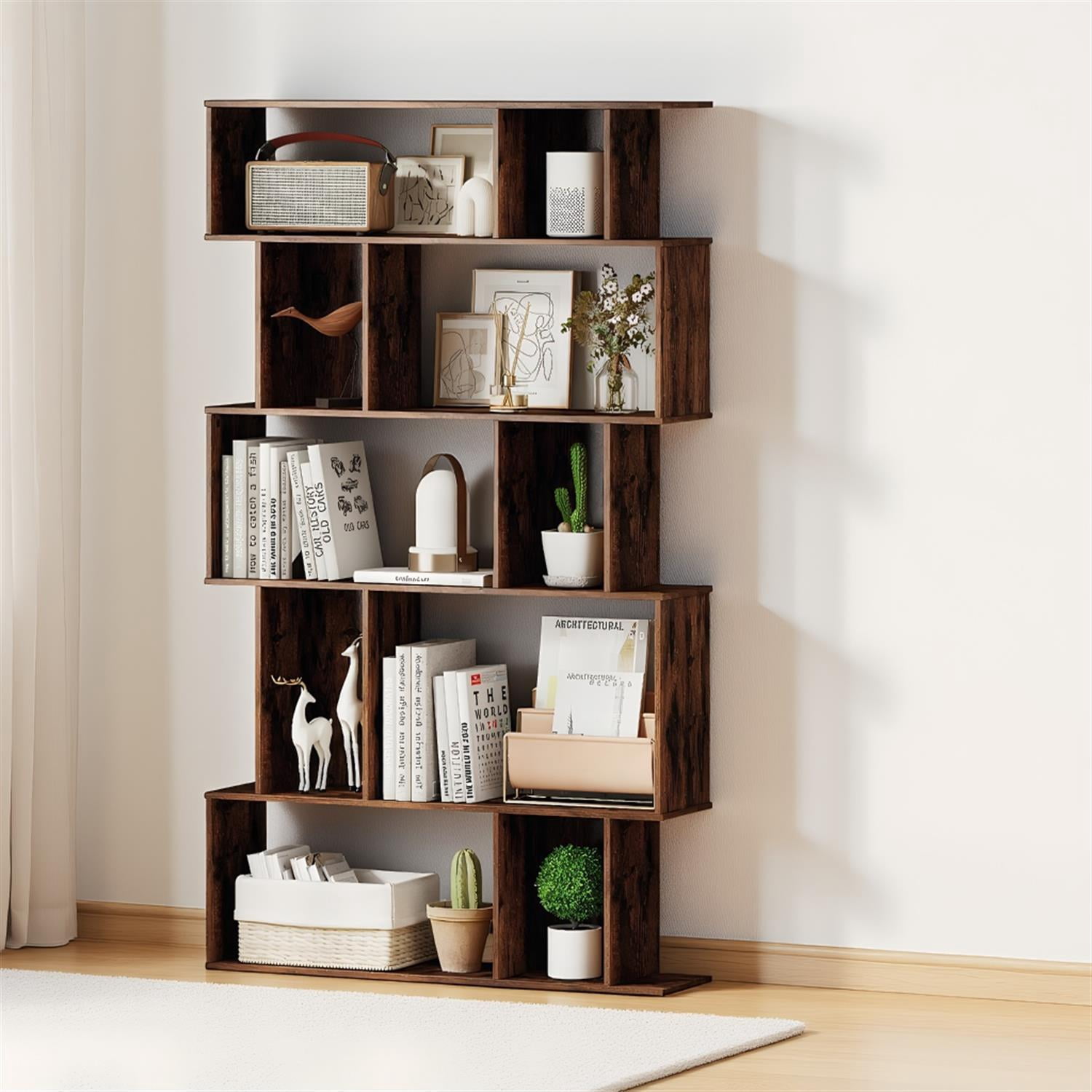 Nerrow Shape Spaco Geometry 5-Tier Bookshelf Open Shelves Closed Back Cubes Narrow ...