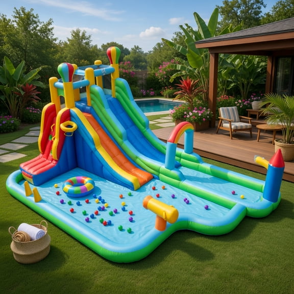 Spaco Giant Inflatable Kids Water Slide, Double Long Slides, Splash Pool, Climbing Wall, Multicolor