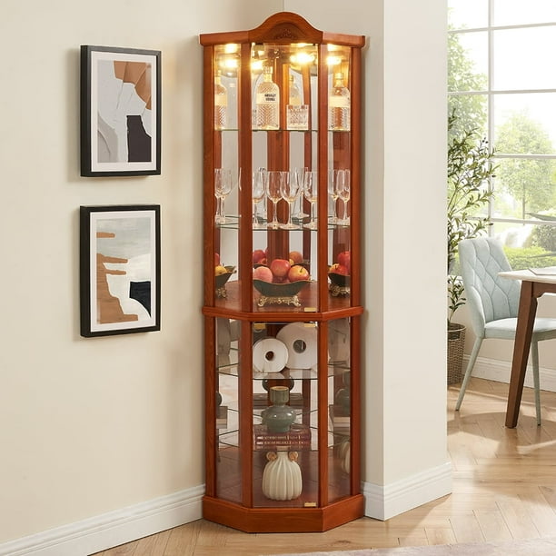 Spaco Glass Cabinet Lighted Corner Cabinet, Oak MDF+Glass, Corner Showcase, Adjustable Shelves, 16.73