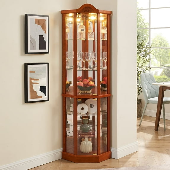 Spaco Glass Cabinet Lighted Corner Cabinet, Oak MDF+Glass, Corner Showcase, Adjustable Shelves, 16.73"L x 16.73"W x 71.93"H