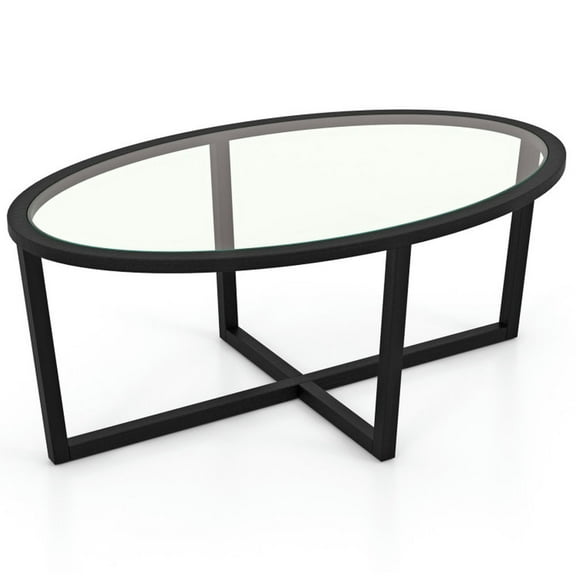 Spaco Glass Coffee Table Oval Living Room Table with Cross Base and Acacia Wood Legs-Black, Tea Table