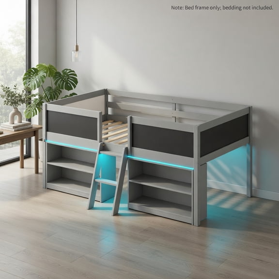 Spaco Gray Low Loft Bed with LED Lights & Cabin Style, Built-in Bookcases, Guardrails & Inclined Ladder
