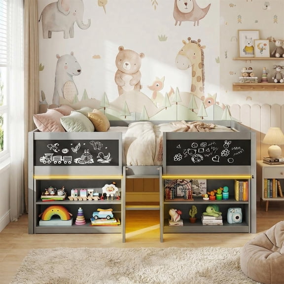 Spaco Gray Low Loft Bed with LED Lights & Cabin Style, Built-in Bookcases, Guardrails & Inclined Ladder