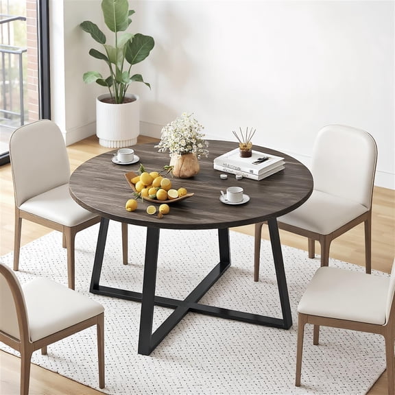 Spaco Gray Oak and Black 47 Inch Round Dining Table with X-Shaped Base & Thickened Top, Modern Kitchen Table with Anti-Tip Rounded Corners