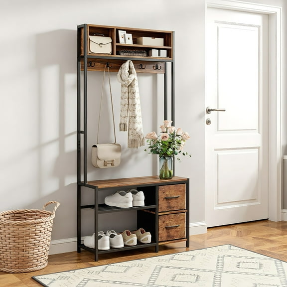 Spaco Hall Tree with Bench and Coat Rack, 5-in-1 Entryway Bench with 3 Storage Shelves and 2 Fabric Drawers for Indoor as Living Room, Entryway, Brown
