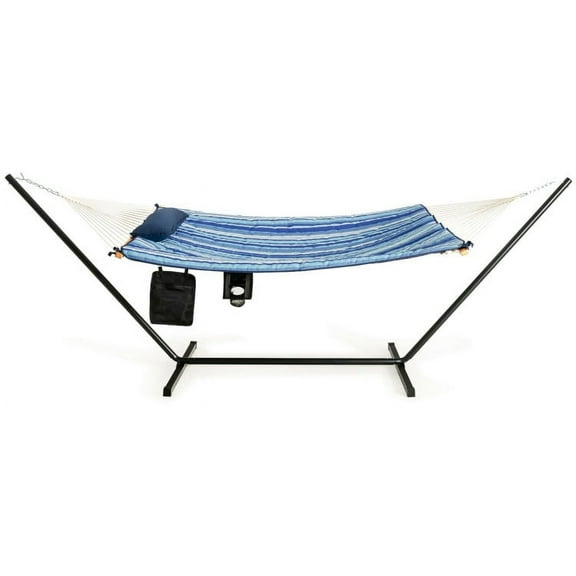 Spaco Hammock Chair Stand Set Cotton Swing with Pillow Cup Holder Indoor Outdoor, Portable Hammock for Camping, Picnic, Backyard, Blue