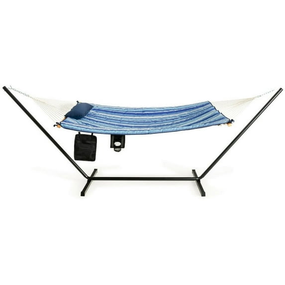 Spaco Hammock Chair Stand Set Cotton Swing with Pillow Cup Holder Indoor Outdoor, Portable Hammock for Camping, Picnic, Backyard, Blue