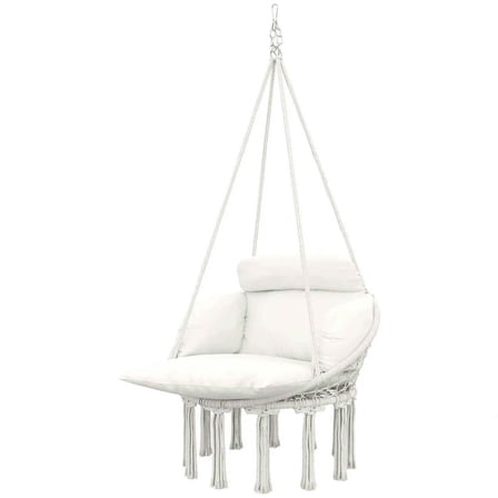 Spaco Hammock Swing Chair with Large Cushion, Macrame Hanging Chair with Chain and Steel Frame for Outdoor as Patio, Yard, Garden, Cream White