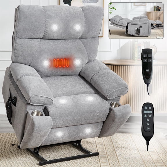 Spaco Heat Massage Dual Motor Infinite Position Up to 350lbs Large Electric Power Lift Recliners with Hidden Cup Holders, Power-Remote, Medium-firm and Heavy Duty for Living Room, Gray