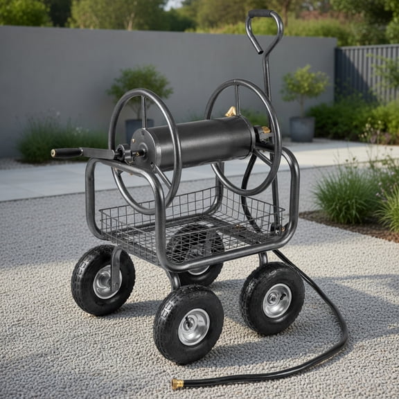 Spaco Heavy-Duty Garden Hose Reel Cart with 300 ft Capacity, 4-Pneumatic Wheels & Storage Basket, Metal Rolling Hose Organizer for Yard, Lawn, Car Wash, Gray
