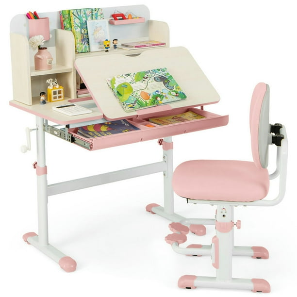 Height Adjustable Children School Home Study Table and Chair Set with Tilted Desktop for 3 12 Years Old Pink Costway