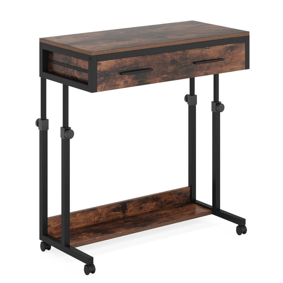 Spaco Height Adjustable Desk, Mobile Side Table Portable Desk with Drawers, Desk for Indoor as Home, Office, Brown