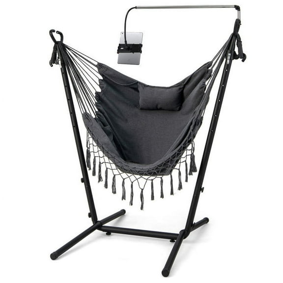 Spaco Height Adjustable Hammock Chair with Phone Holder and Side Pocket-Gray, Handwoven Cotton Rope Hammock Chair for Bedroom Indoor Outdoor Patio Yard