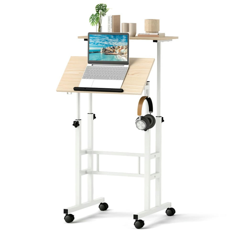 Spaco Height Adjustable Mobile Standing Desk with rolling wheels for office and home-Natural, Office Furniture, Portable Desk for Home and Office