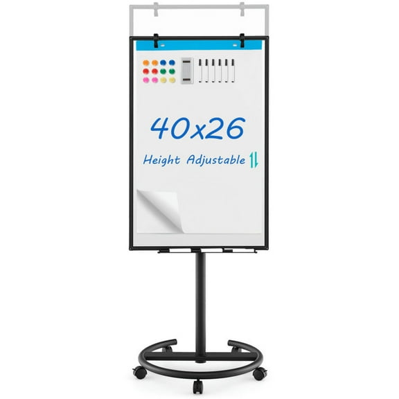 Spaco Height-Adjustable Mobile Whiteboard with Round Stand Paper Clips-Black, Dry Erase Board Easel for Office, Home & Classroom