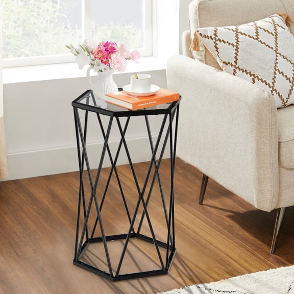 Spaco Hexagonal Accent End Table with Tempered Glass Top and Metal Frame, Small Side Table, End Table for Bedroom Living Room