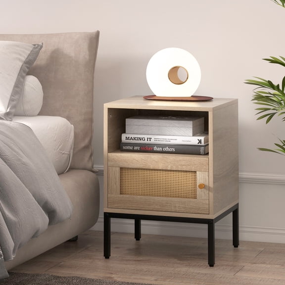 Spaco Home Boho Style Accent Table with Open Shelf and 1 Door Cabinet-Natural, End Table
