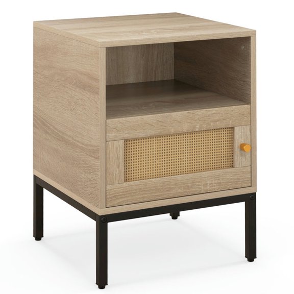 Spaco Home Boho Style Accent Table with Open Shelf and 1 Door Cabinet-Natural, End Table