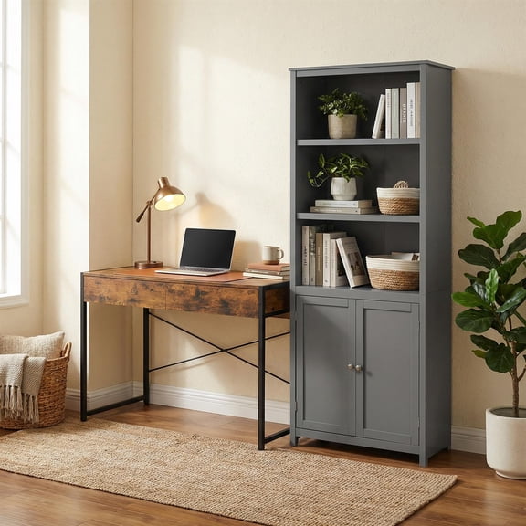 Spaco Home Office Desk with Storage Cupboard Set Metal Framework Drawers Open Shelving Double Door Cupboard Workstation for Study Remote Working, Rustic Brown