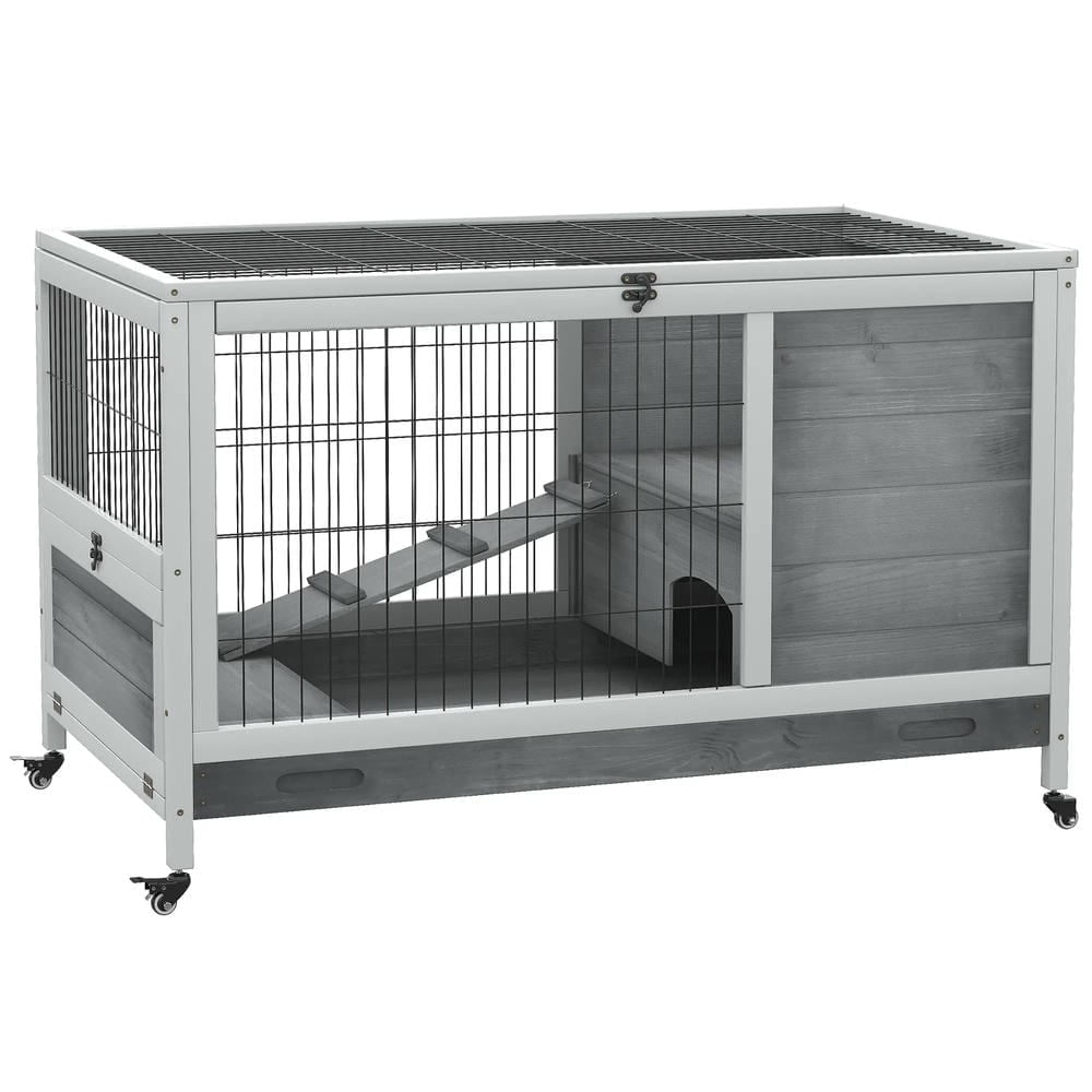 Spaco Indoor Rabbit Enclosure, Wooden Elevated Cage Habitat with Enclosed Run with Wheels for Rabbits and Guinea Pigs, Gray