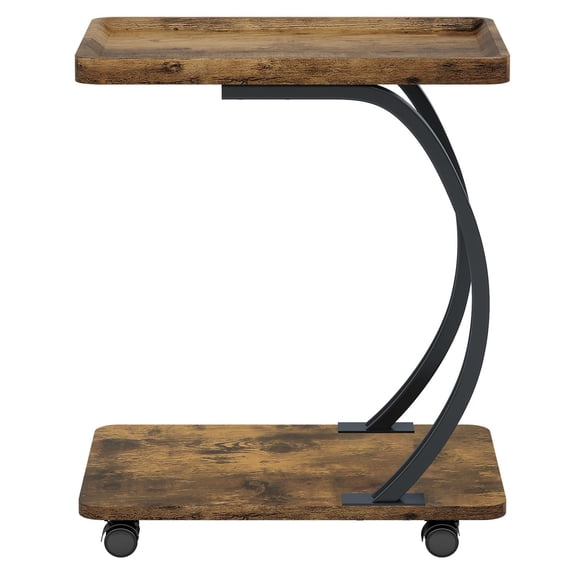Spaco Industrial C-Shaped End Table with Wheels, Wood Tabletop + Durable Metal Frame, Lockable Rolling Casters, 2-Tier Storage, for Living Room/Bedroom, Rustic Brown & Black