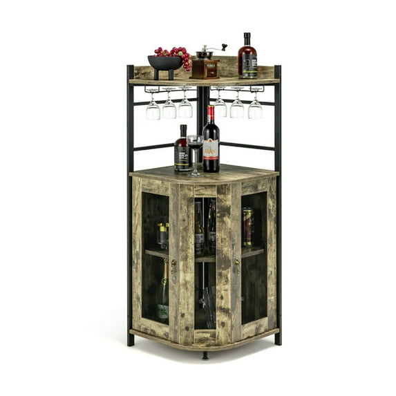 Spaco Industrial Corner Bar Cabinet with Glass Holder and Adjustable Shelf-Taupe, Bar Cabinet, Freestanding Floor Wine Holder