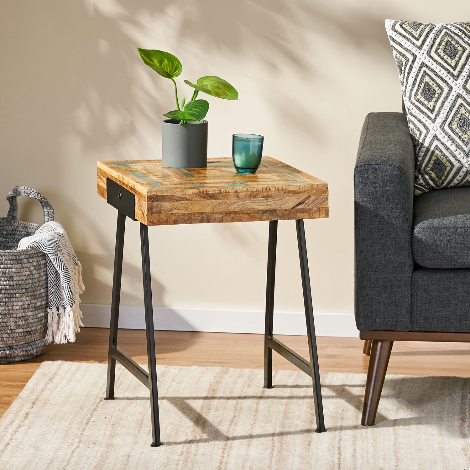 Spaco Industrial End Table, Square Side Table with Storage Shelf for Home, Wood and Metal Nightstand Spaco Industrial End Table, Square Side Table with Storage Shelf for Home, Wood and Metal Nightstand