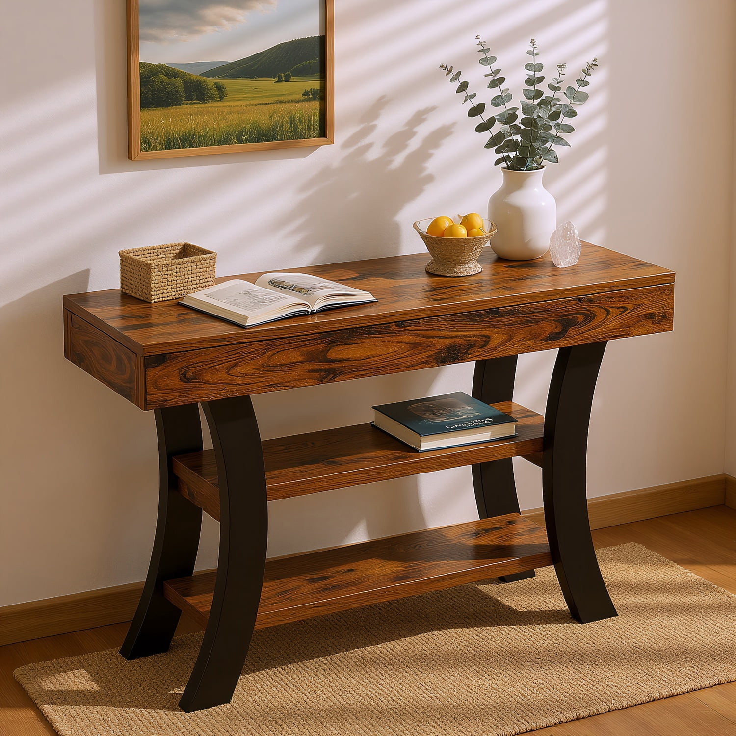 Spaco Industrial Rustic Console Table with Shelves and Metal Curved Legs, Entryway Sofa Side Table for Indoor as Living Room, Bedroom, Brown