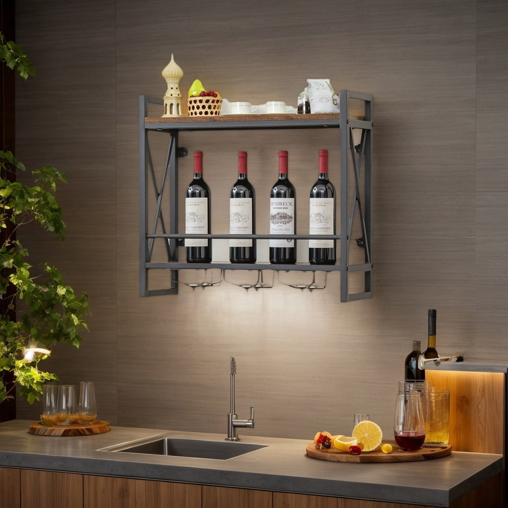 Stem Rack Spaco Industrial Wall Mounted Wine Rack with 3 Stem Glass Holders, Bar ...