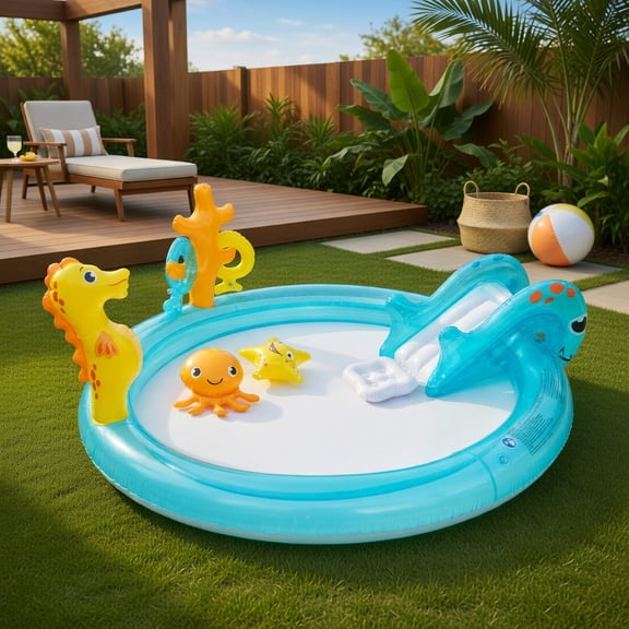 Spaco Inflatable Backyard Water Park for Kids Ages 2-6, PVC Splash Pool with Slide, Ring Toss Game & Marine-Themed Sprinklers, Multicolor