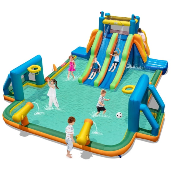 Spaco Inflatable Water Slide with 2 Long Slides and 2 Soccer Gates without Blower, Kids Inflatable Water Slide for Indoor Outdoor Backyard Birthday Party, Multi-color