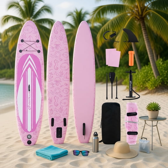 Spaco Inflatable iSUP Paddle Board, Detachable Paddle, 3 Fins, Carry Backpack, Water Sports, L Size