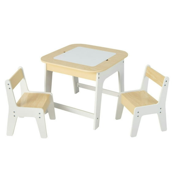 Spaco Kid's Table and Chairs Set with Double-sized Tabletop-Natural, Toddler Table and Chair Set for Arts & Crafts, Snack Time, Homeschooling, Homework