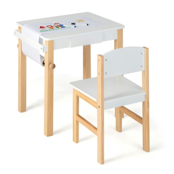 Spaco Kids Art Table and Chair Set with Drawer Paper Roll and 2 Markers-White, Toddler Table and Chair Set for Arts & Crafts, Snack Time, Homeschooling, Homework