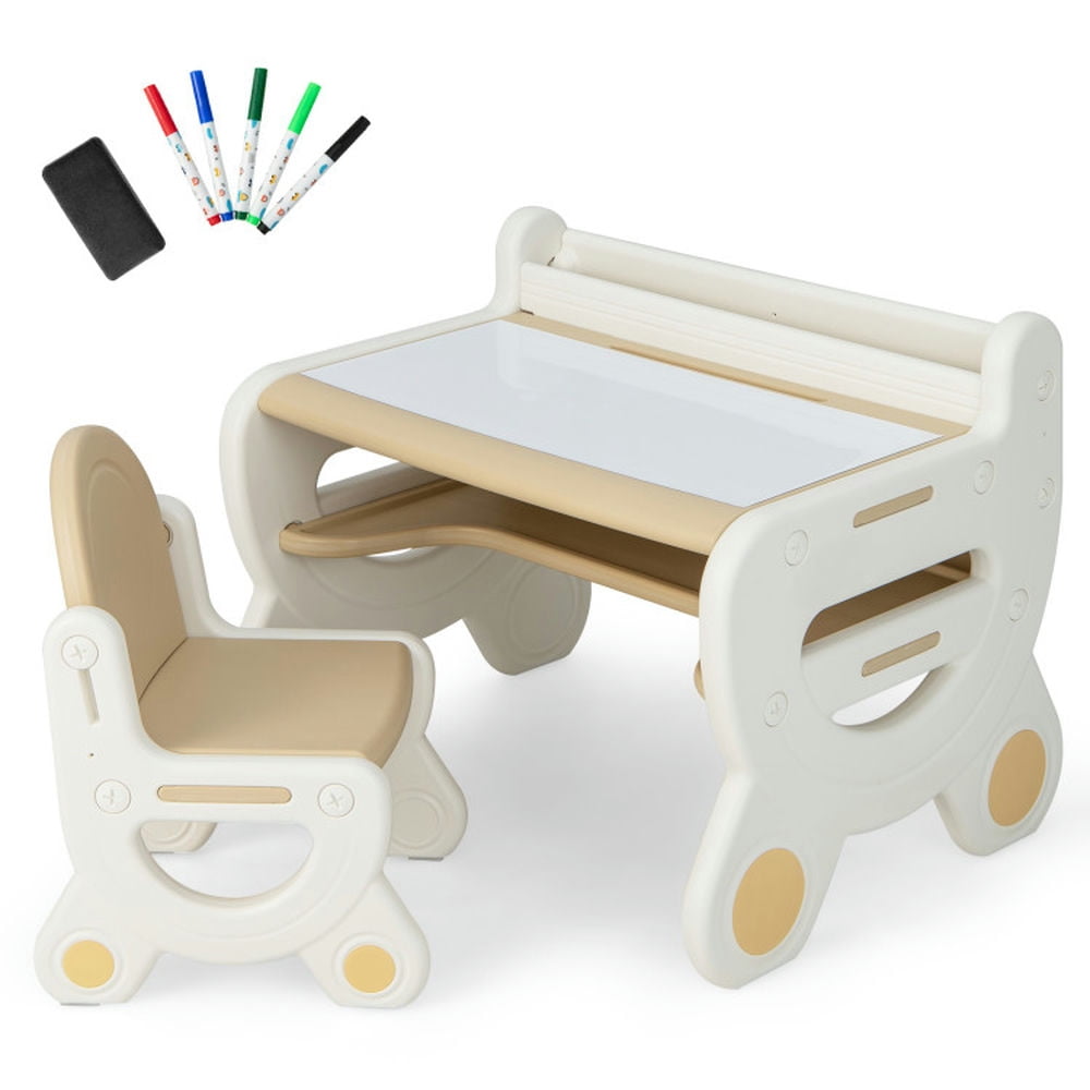 Kids Beige and White Drawing Table and Chair Set with Storage