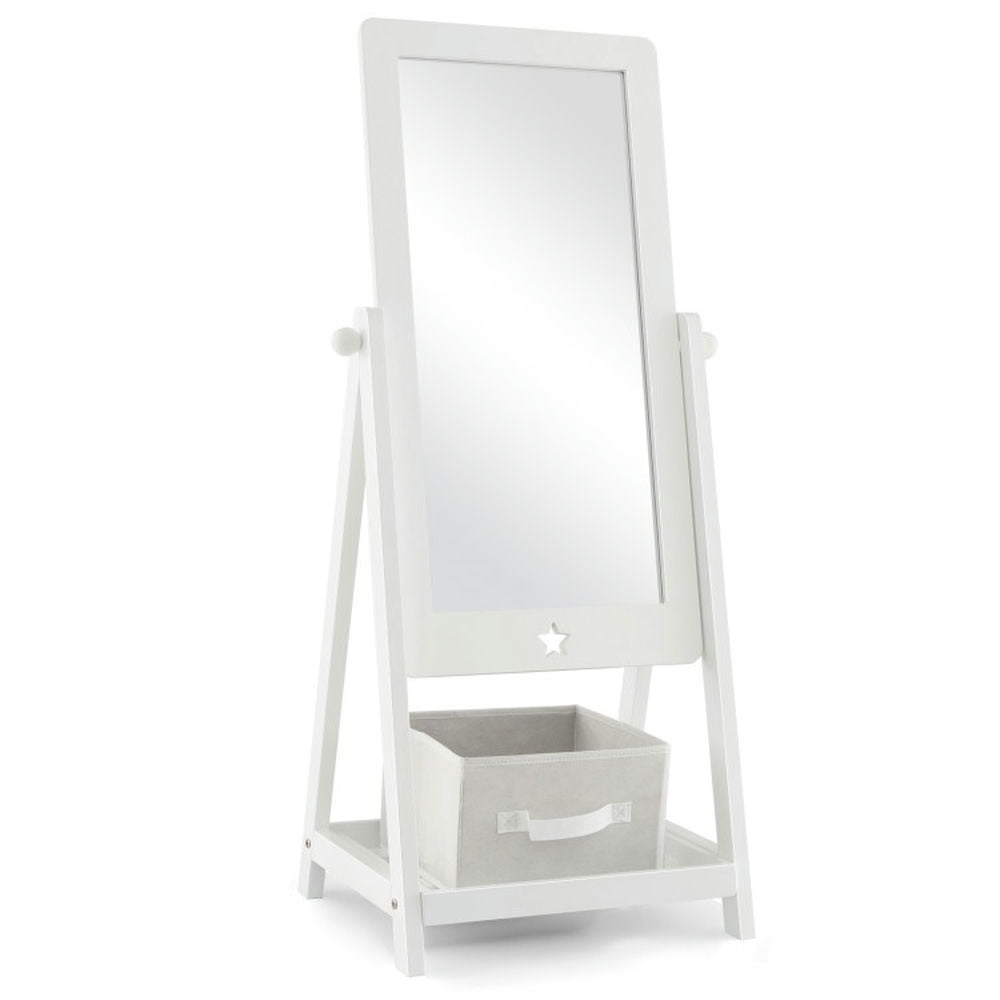 Spaco Kids Full Length Wooden Standing Mirror with Bottom Shelf and Foldable Storage Bin-White, Girls Vanity for Girls Kids