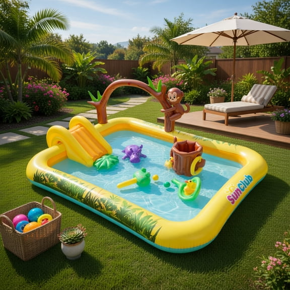 Spaco Kids Inflatable Jungle Animal Splash Pool with Slide & Water Sprayer, PVC Backyard Playset for Ages 2-6, Blue