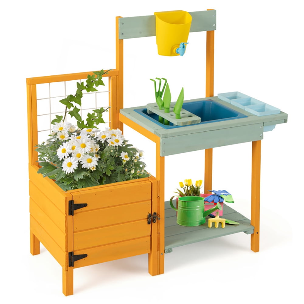 Yellow and Blue Fir Wood Kids Outdoor Potting Bench with Accessories