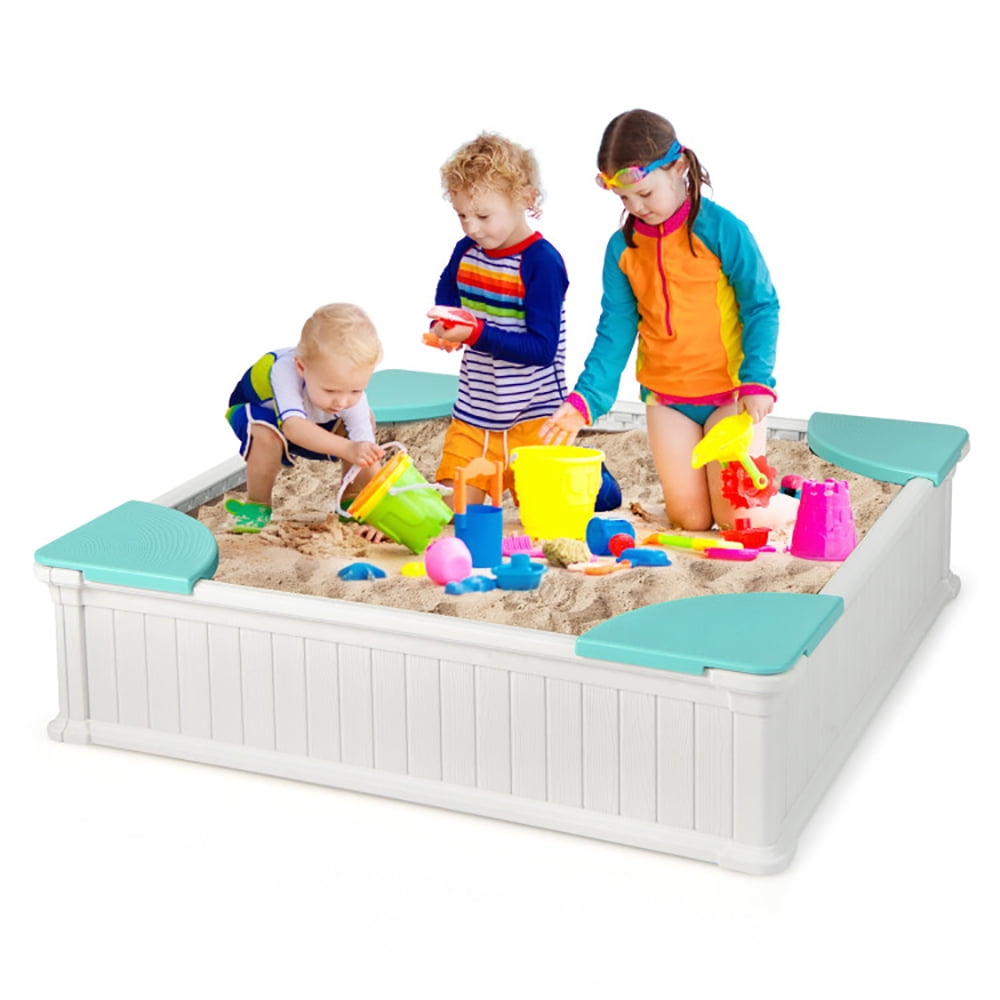 White Plastic Kids Outdoor Sandbox with Seats and Cover