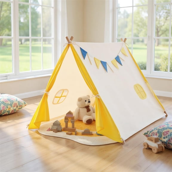 Spaco Kids Play Tent with Solid Wood Frame, Triangular Kids Play Tent, Ideal Holiday Birthday Gift for Boys & Girls & Boys Ages 3-8, Yellow