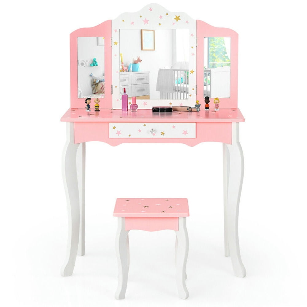 Spaco Kids Princess Vanity Table and Stool Set with Tri-folding Mirror and Drawer-Pink, Girls Vanity for Girls Kids Spaco Kids Princess Vanity Table and Stool Set with Tri-folding Mirror and Drawer-Pink, Girls Vanity for Girls Kids