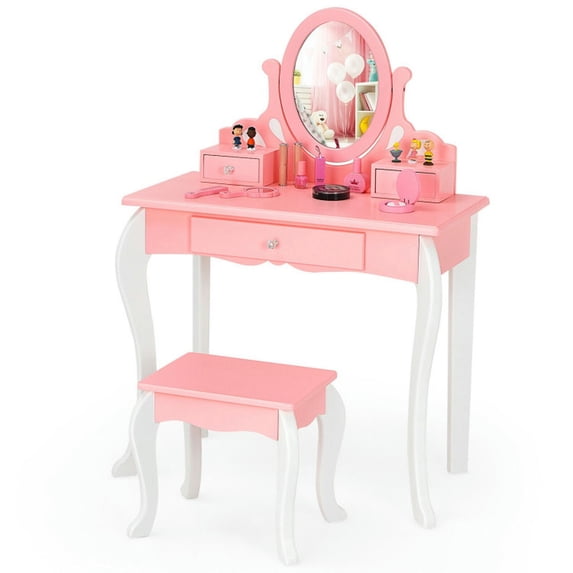 Spaco Kids Vanity Princess Makeup Dressing Table Stool Set with Mirror and Drawer-Pink, Girls Vanity for Girls Kids