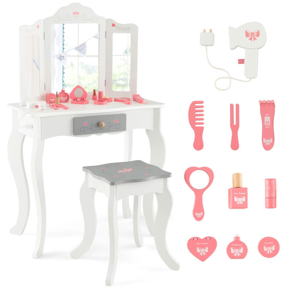 Spaco Kids Vanity Set with Tri-folding Mirror-White, Girls Vanity for Girls Kids