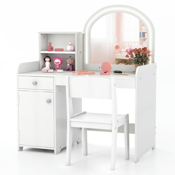 Spaco Kids Vanity Table and Chair Set with Shelves Drawer and Cabinet-White, Girls Vanity for Girls Kids